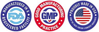 FDA-registered facility, GMP manufacturing and made in USA seals